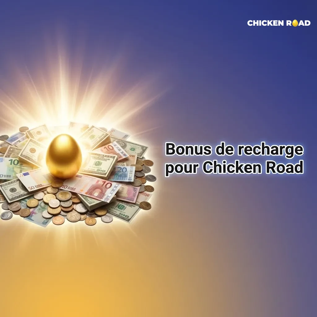 Bannière casino montrant un bonus de recharge Chicken Road avec pièces, pourcentage de dépôt et mention de tours gratuits