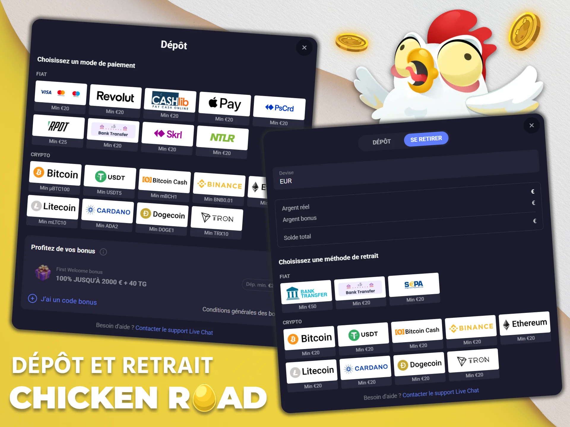 Consultez les méthodes de dépôt et de retrait disponibles pour Chicken Road.